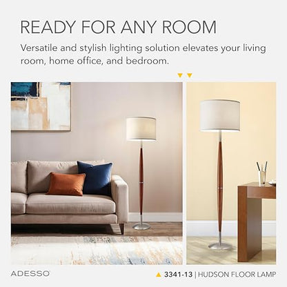 Adesso Floor Lamp, Maple Wood & Satin Steel, Adjustable Brightness, 61”