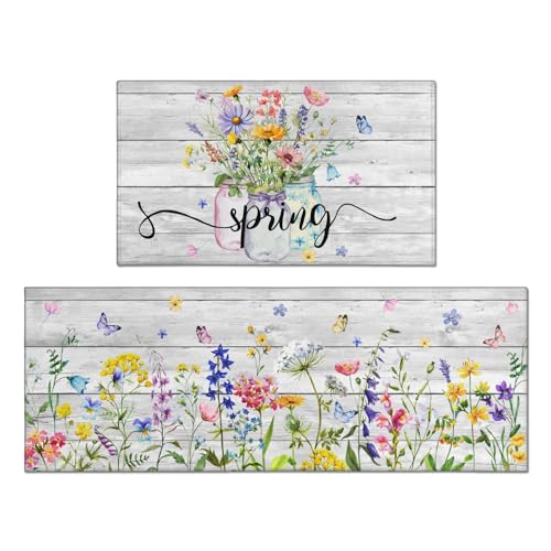 Spring Kitchen Rug Set of 2,Non-Slip Washable Kitchen Mats,Wood Grain Floral Kitchen Mats,Spring and Summer Holiday Decorations for Home Kitchen,17x30+17x47 Inch - color: Spring