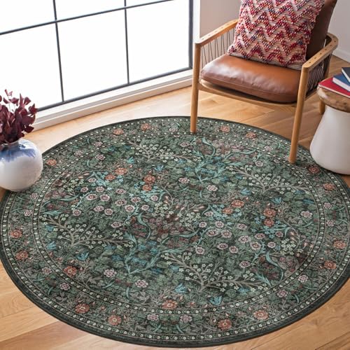 Boho Round Rug 4ft - Washable Black Green Floral Round Bathroom Rug - color: Black / Multi, size: 4' (Round)