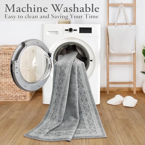 Lahome Modern Bordered Kitchen Runner Rugs Non Skid Washable, 2x6 Runners for Hallways Non Slip Ultra-Thin Hallway Rug, No Shedding Soft Carpet for Entryway Laundry Room Bedroom (2x6ft,Grey) - color: Light Grey, size: 2' x 6'