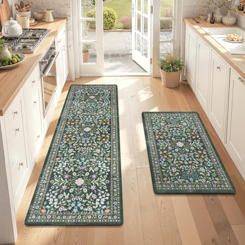 Yamaziot Boho Anti Fatigue Kitchen Rug Set of 2 Green, Non-Slip Kitchen Mat - color: Green & Black, size: 20"x32"+20"x59"