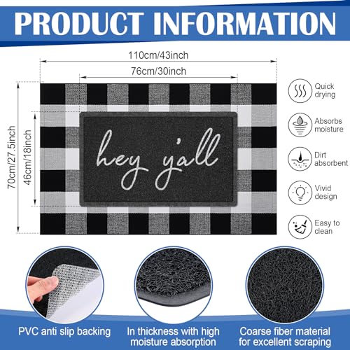 Geelin 2 Pcs Hey Y'all Doormat, Black and White Buffalo Plaid Rug Set - style: Hey Y'all