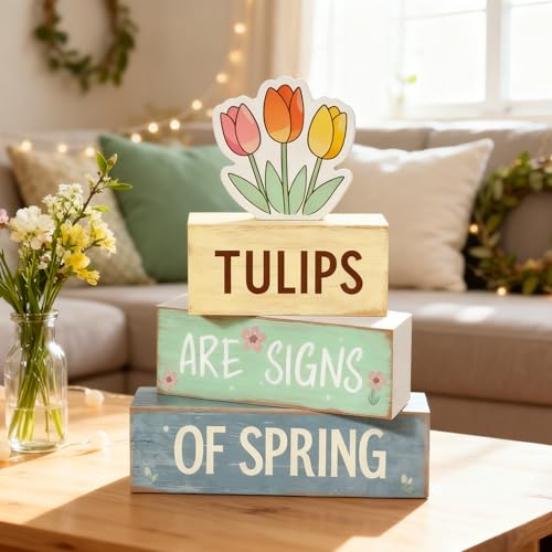Spring Decoration Wooden Tiered Tray Decor – Tulips Spring Stacked Block Sign with Floral Accent – Farmhouse Tabletop Spring Decor for Shelf Mantel Seasonal Home Display - style: Tulips