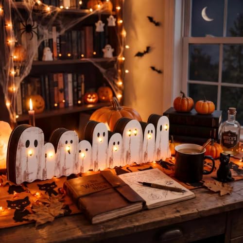Yousoontic Halloween Ghost Decor, Light up Wooden Ghosts Table Centerpiece - style: Ghost