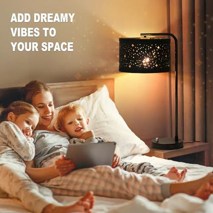 Bedside Table Lamp with USB C+A Ports, 25" Tall Fully Dimmable Side Lamp - color: Black Base with Stars Shade