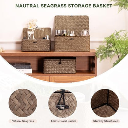 Nonam Small Wicker Basket with Lid,Seagrass Shelf Storage Basket,Coffee - color: S-Coffee