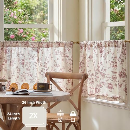 jinchan Floral Linen Kitchen Tier Curtains, 24 Inch, 2 Panels, Maroon - color: Amlie Maroon, size: 26"W x 24"L (Pack of 2)