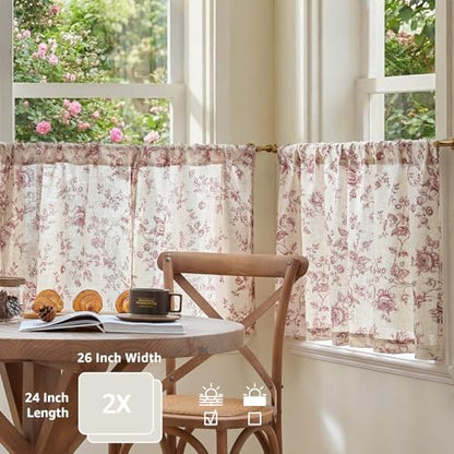 jinchan Floral Linen Kitchen Tier Curtains, 24 Inch, 2 Panels, Maroon - color: Amlie Maroon, size: 26"W x 24"L (Pack of 2)