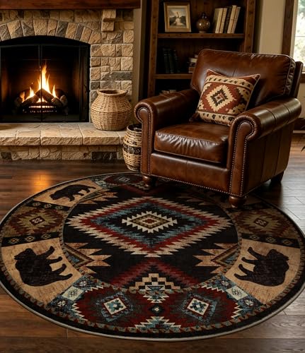 YIHOUSE 세탁 가능한 웨스턴 캐빈 라운드 러그, 1.2m(4피트) - color: 곰, size: 4' (Round)
