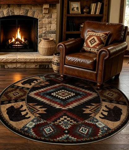 YIHOUSE 세탁 가능한 웨스턴 캐빈 라운드 러그, 1.2m(4피트) - color: 곰, size: 4' (Round)