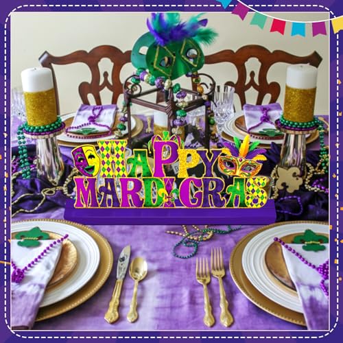 MiniInflat Happy Mardi Gras Metal Sign Carnival Table Decor New Orleans Tiered Tray Decor with Wooden Base Freestanding Metal Word Sign for Home Tabletop Centerpiece Mantel Shelf Fireplace - style: Happy Mardi Gras