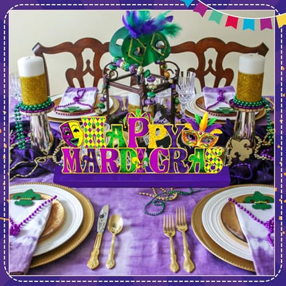 MiniInflat Happy Mardi Gras Metal Sign Carnival Table Decor New Orleans Tiered Tray Decor with Wooden Base Freestanding Metal Word Sign for Home Tabletop Centerpiece Mantel Shelf Fireplace - style: Happy Mardi Gras
