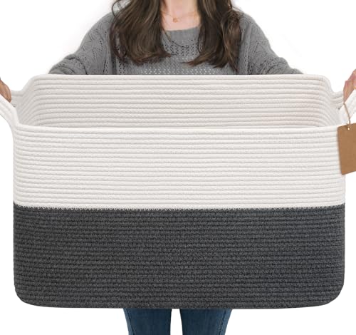 Goodpick 75L Extra Large Woven Rope Blanket Basket, Rectangle, Dark Gray - color: Dark Gray, size: 22"L x 17"W x 12"H