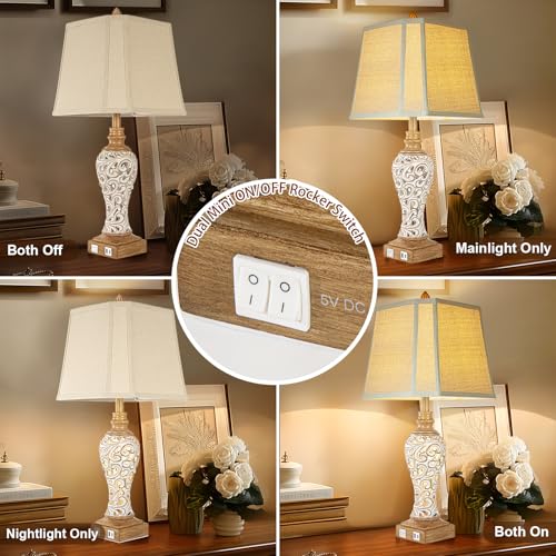 Rustic Table Lamp Set of 2 for Living Room with Night Lights, 28.5" Tall - color: Cream+Brown-Set of 2, size: 28.5 inch