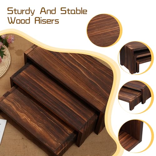 3-Tier Wooden Cupcake Stand & Display Risers, for Food Desserts & More, Sturdy & Reusable - color: Brown