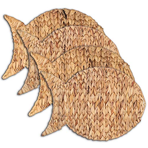 Woven Fish Placemats Set of 4 (12"x17") – Water Hyacinth Placemats Indoor – Farmhouse Placemat for Dining Table – Boho Place mats – Wicker Rattan Place mats - style: Fish 4 pack