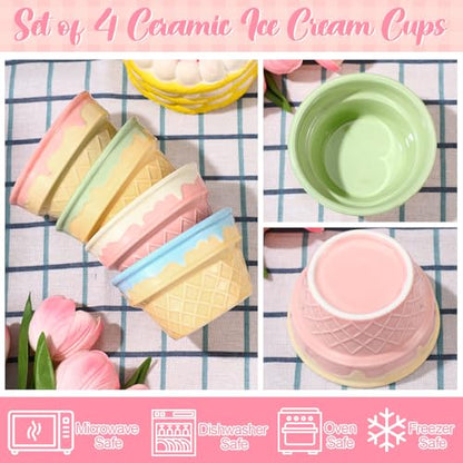 4 Pcs Ceramic Ice Cream Bowl 9 oz Porcelain Waffle Cone Cup, Colorful - color: Colorful
