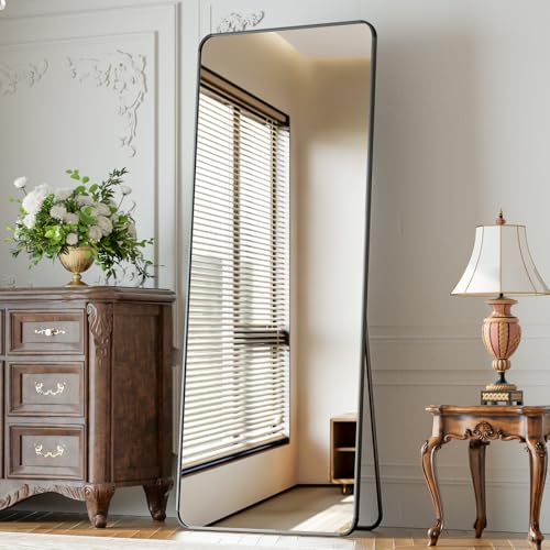 XRAMFY 65"x24" Floor Full Length Mirror Standing Full Body Rounded Corner Rectangle Mirrors with Stand Hanging Wall Mounted Leaning Bedroom Living Room Bedroom Cloakroom,Black - color: Black, size: 65"L x 24"W