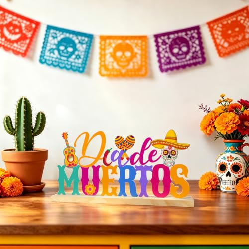Day of the Dead Decorations Metal, Dia De Los Muertos Decor Tabletop Sign with Wood Base, Colorful Sugar Skull Metal Decor for Home, Shelf, Mantel, Indoor, Mexican Holiday Centerpiece Sign - color: Day.of.Dead