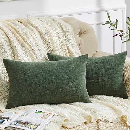 GAWAMAY Dark Green Chenille Throw Pillow Covers 12x20 Set of 2 for Couch - color: Dark Green, size: 20" x 12" (Pack of 2)