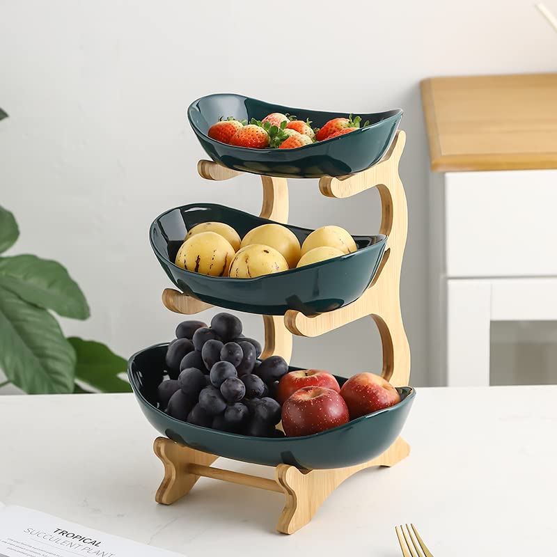 XUDREZ 3-Tier Ceramic Fruit Basket with Bamboo Tray, Large Capacity - color: Green