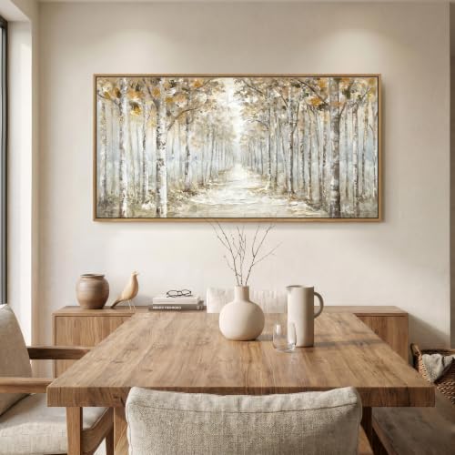 Framed Birch Tree Forest Landscape Wall Art for Living Room, 60x30 Inch - color: Brown White