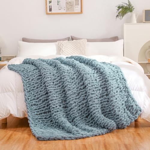 WESHIONGOO Chunky Knit Blanket Throw for Couch Bed 51"×63" Dusty Blue - color: Dusty Blue, size: 51"x63"(Large Size Throw)