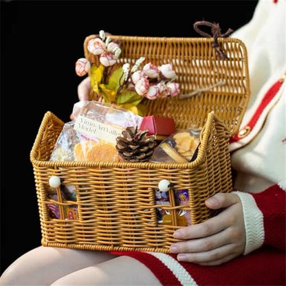 Rattan House Shape Storage Basket with Lid, Small Doll House, Decorative Hand Woven Shelf Organizer with Handle, Natural Harvest Wicker Basket for Picnics, Organizing, Storage (A, 1) - style: A