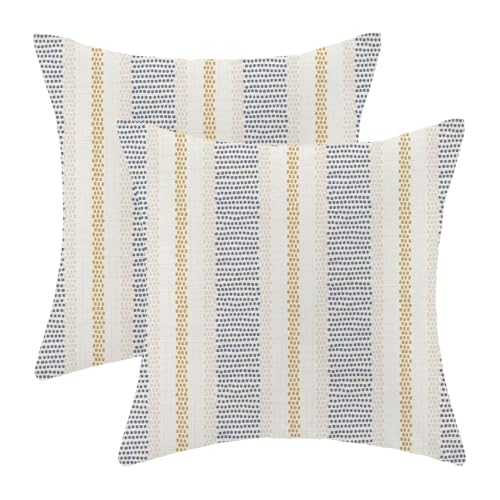 Navy Blue Mustard Yellow Outdoor Pillow Covers 16 x 16 Inch, Beige Polka Dots Striped Decor Throw Pillows for Couch Bed, Boho Modern Farmhouse Decorative Pillowcase Linen Cushion Cover Set of 2 - color: Navy Blue Yellow, size: 16" x 16" (Pack of 2)