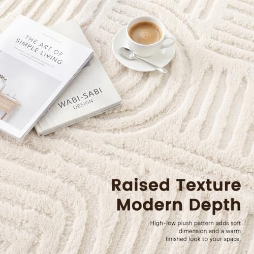 Etwel 5x7 Beige Modern Geometric Textured High-Low Pile Washable Area Rug - color: Neutral Beige, size: 5' x 7'