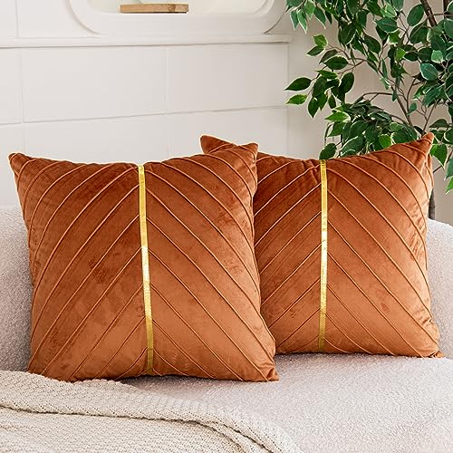 WACOMECO Velvet Throw Pillow Covers, Pack of 2 Soft Gold Decorative Cushion Covers for Couch Sofa Living Room Home Decoration, Burnt Orange, 18x18 inch - color: Burnt Orange, size: 18" x 18" (Pack of 2)