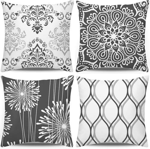 Coliuso Decorative Throw Pillow Covers 16x16 Set of 4, Dark Grey and White Modern Simple Square Pillow Case Cushion Cover for Sofa Couch Farmhouse Outdoor Living Room - color: Dark Grey, size: 16" x 16" (Pack of 4)