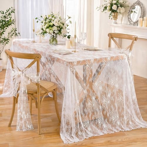 Rustic White Wedding Tablecloths Lace Chic Rectangular Embroidered Fabrics - color: Solid White, size: 120" x 60" (1Pc Rectangular)