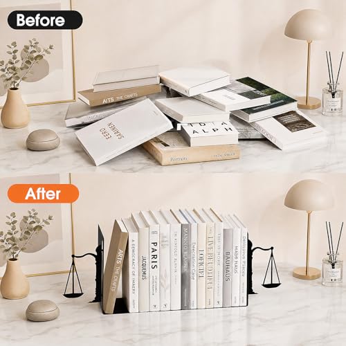 Book Ends for Shelves, Balance-Inspired Decorative Bookends for Heavy Books, Extra Wide Sturdy Metal Book Holder for Shelf with Non-Skid Base, Sculptural Book End for Home Office Desk Set of 2
