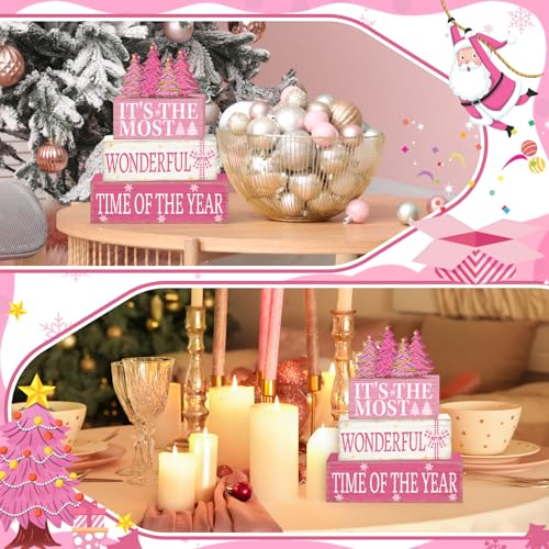 Britimes Pink Christmas Tiered Tray Decor Set, 4 Pack, Wooden Table Sign - style: Christmas Pink Tree