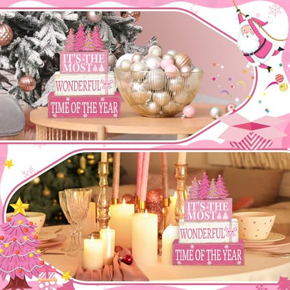 Britimes Pink Christmas Tiered Tray Decor Set, 4 Pack, Wooden Table Sign - style: Christmas Pink Tree