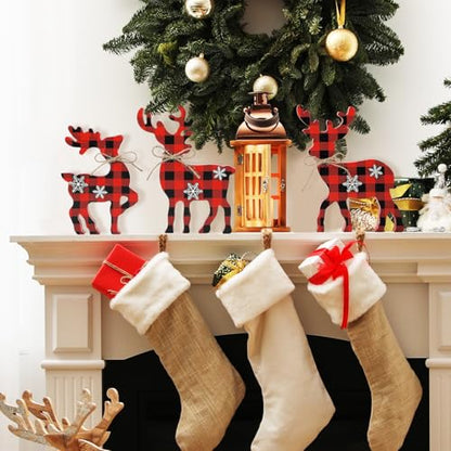 3Pcs Cute Christmas Tiered Tray Decor Indoor, Wooden Reindeer Christmas Tabletop Decorations Xmas Centerpiece, Rustic Reindeer Block Signs Standing Elk Decor for Home Shelf - style: Red and Black Buffalo Plaid
