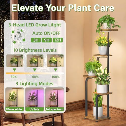 iDavosic.ly Tall Plant Stand Indoor with Grow Lights & Wooden Trays, Brown - color: Brown with Light