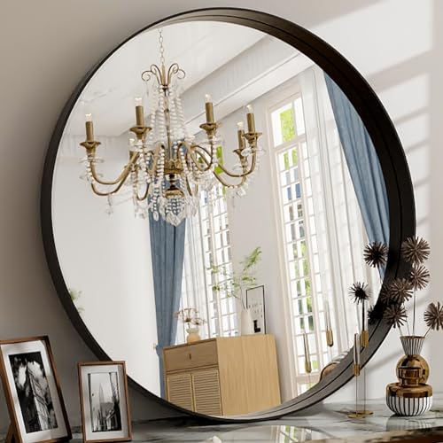 24 Inch Round Bathroom Mirror - Wall Mounted Circle Mirror with Metal Frame, Modern Mirror Suitable for Bathroom, Vanity, Entryway, Living Room, Wall Decor,Black - color: Black, size: 24"L x 24"W