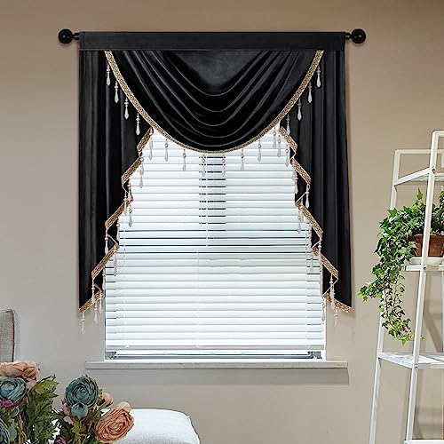 ELKCA Luxury Black Velvet Curtain Valances for Living Room with Beads(39inch,1 Panel) - color: Black, size: 39"W x 43"L (Pack of 1)