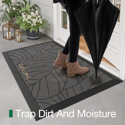 LUMI Outside Welcome Door Mat 20x32, Non-Slip Heavy Duty Dirt Trapper, Grey - color: Grey Gold Monstera, size: 20"x32"