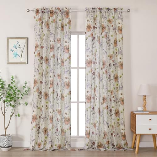 OWENIE Printed Sheer Curtains 108 Inches Extra Long 2 Panels Set, Sheer Floral Curtains Printing Drapes on Sheers for Living Room Bedroom, Rod Pocket Light Filtering Window Sheers 51" W x 108" L - size: 51"W x 108"L (Pack of 2)