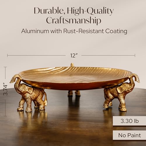 Golden Tray with Elephant Stand - Round Decorative Coffee Table Centerpiece - color: Golden