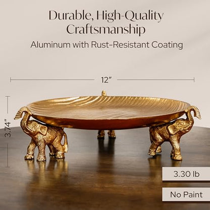 Golden Tray with Elephant Stand - Round Decorative Coffee Table Centerpiece - color: Golden