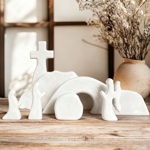 NEROSUN Empty Tomb Easter Scene and Cross Decoration, Ceramic Resurrection Scene Cross Jesus Tomb Decor, Christmas Decoration Jesus Nativity Scene for Religious Home Office Tabletop Christian Gifts - color: Ceramic Empty Tomb