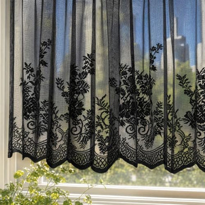 Molaxhome Kitchen Curtains Valance Black Lace Floral Semi Sheer Curtain - color: Black, size: 54"W x 24"L (Pack of 1)