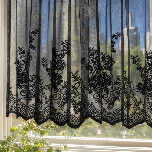 Molaxhome Kitchen Curtains Valance Black Lace Floral Semi Sheer Curtain - color: Black, size: 54"W x 24"L (Pack of 1)