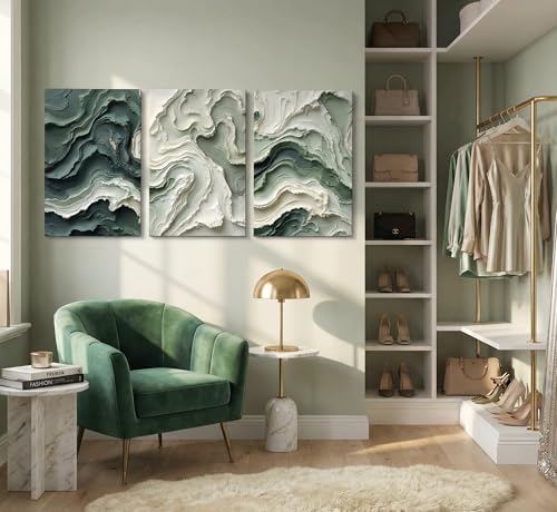 3pcs Abstract Texture Canvas Wall Art Neutral Green And Beige Wall Decor Pictures Modern Minimalist Green Wave Posters Prints Paintings for Living Room Bedroom Office Furniture Decoration - color: Green Texture, size: 24"L x 16"W-Canvas