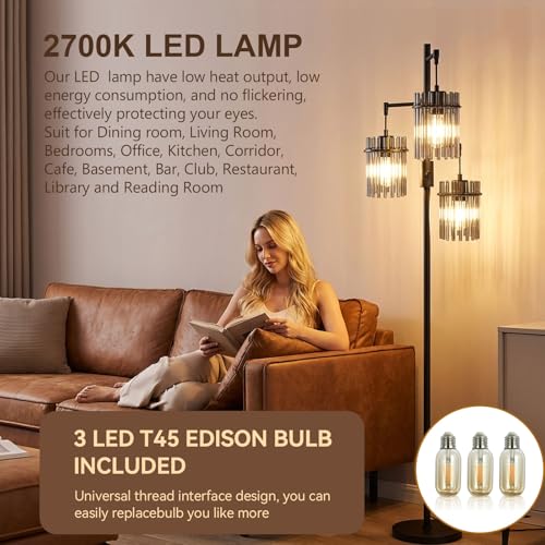 Dimmable Black Crystal Standing Farmhouse Tree Floor Lamp for Living Room - size: 66 inch Tall Black