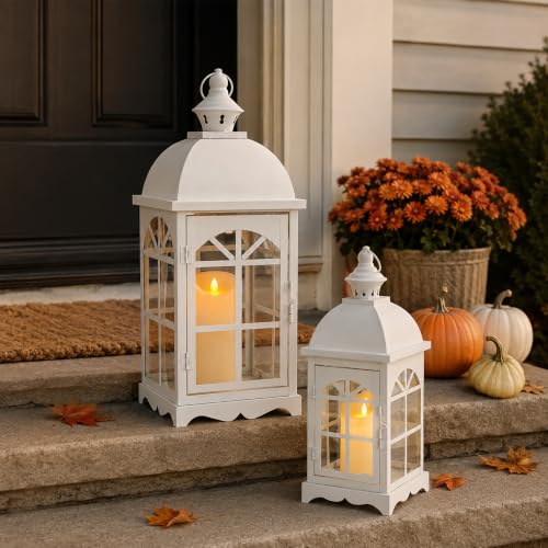 TRIROCKS Set of 2 Decorative Vintage Candle Lanterns 14.5"&20" H Farmhouse Outdoor Hanging Lanterns with Tempered Glass for Porch, Balcony, Patio, Home, Centerpieces, Indoor, Outdoor(White) - color: 14.5"h White